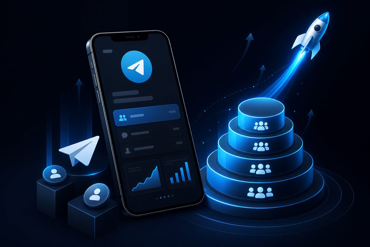 Telegram kanal güçlendirme maliyetini temsil eden telefon ve boost arayüzü görseli