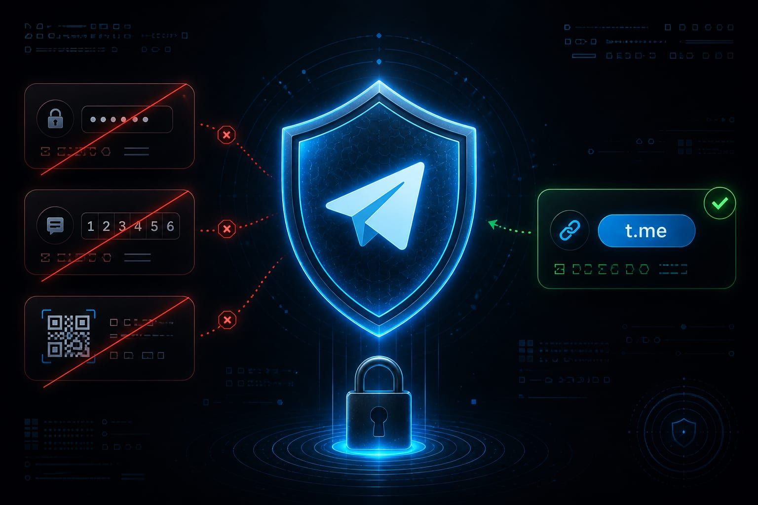 Şifre, doğrulama kodu ve QR oturumunun paylaşılmadığını gösteren Telegram güvenlik görseli