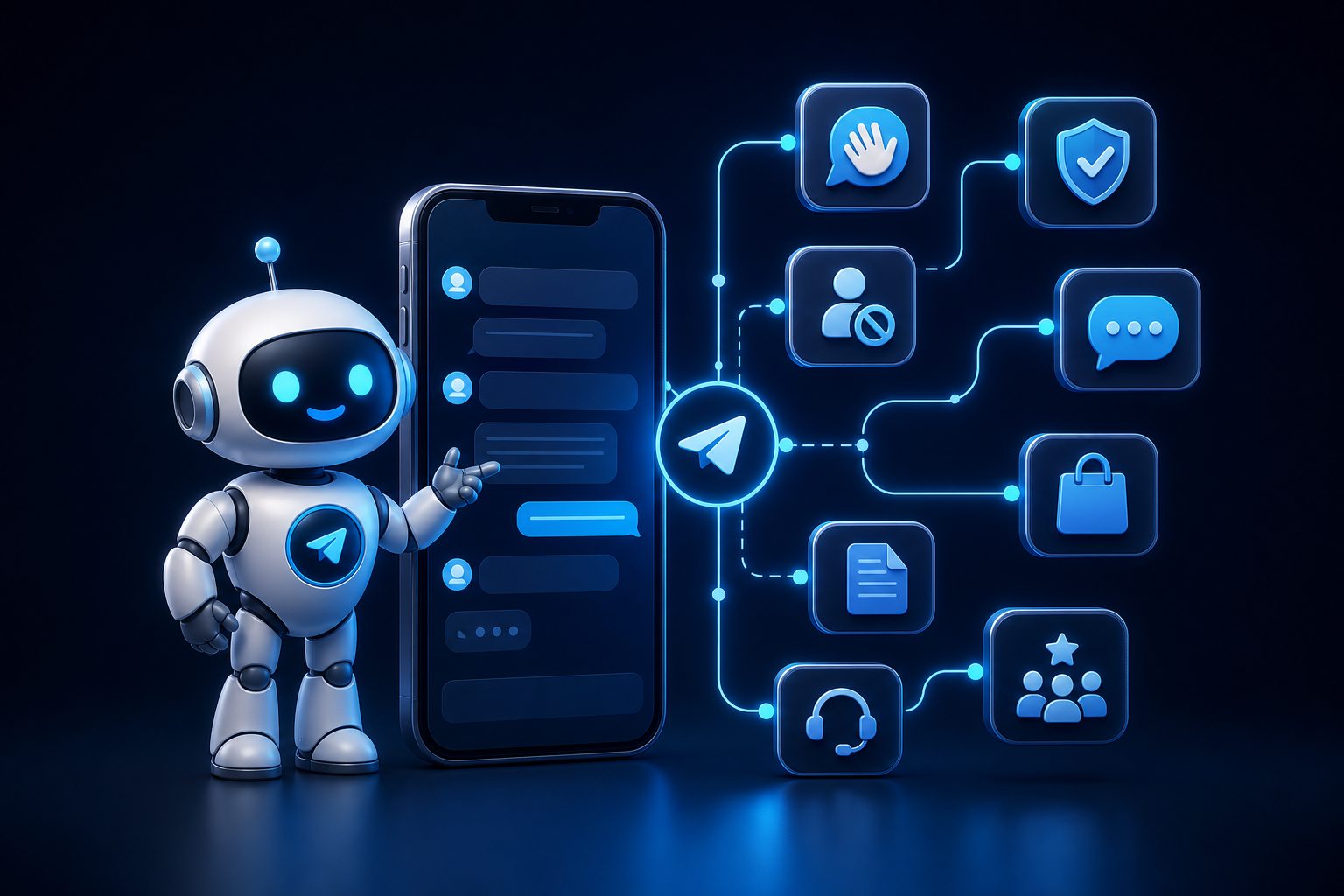 Telegram botunun karşılama, moderasyon ve destek otomasyonları