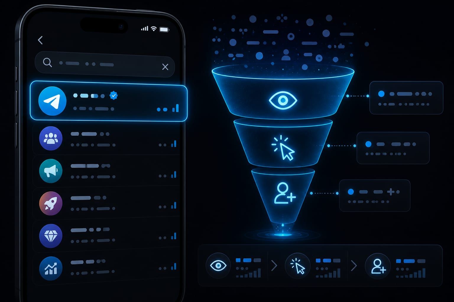 Telegram aramasında kanal sonuçları ve ziyaretçiden aboneye giden dönüşüm hunisi