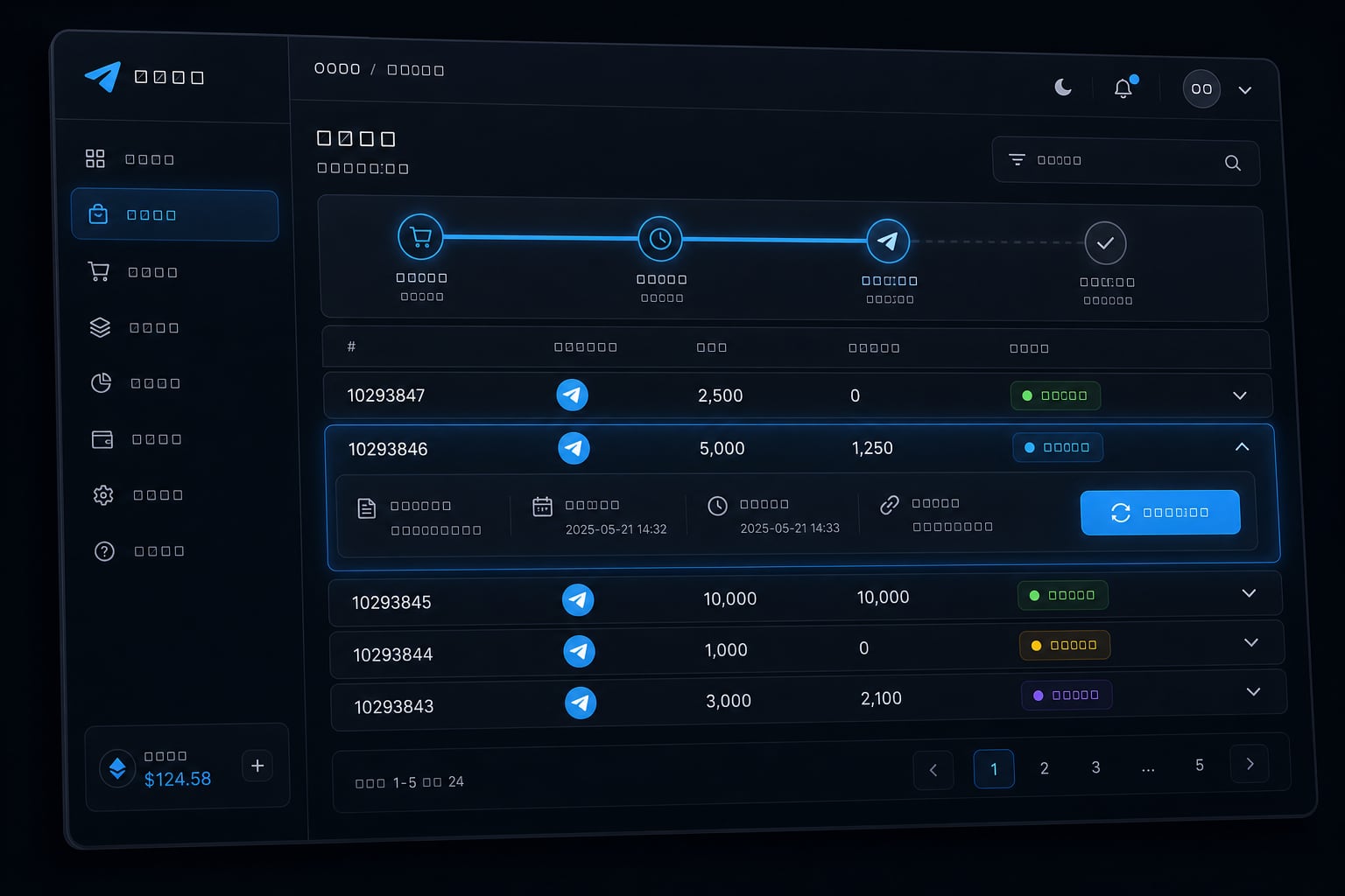 Orders list used to follow a bot start order inside the panel